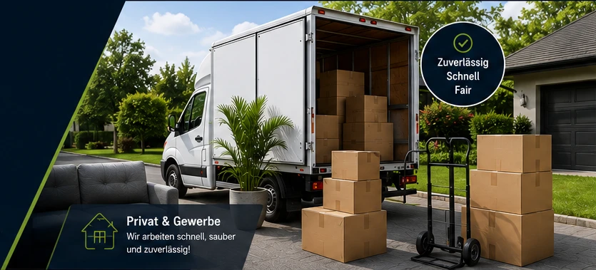 CAN Entrümpelung Transporter beladen mit Umzugskartons vor einem Wohnhaus